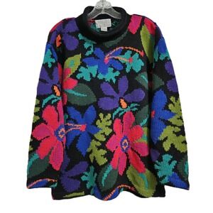 The Limited Sweater Womens P/S Black Floral Hand Knit Ramie Cotton Mock Neck 90s